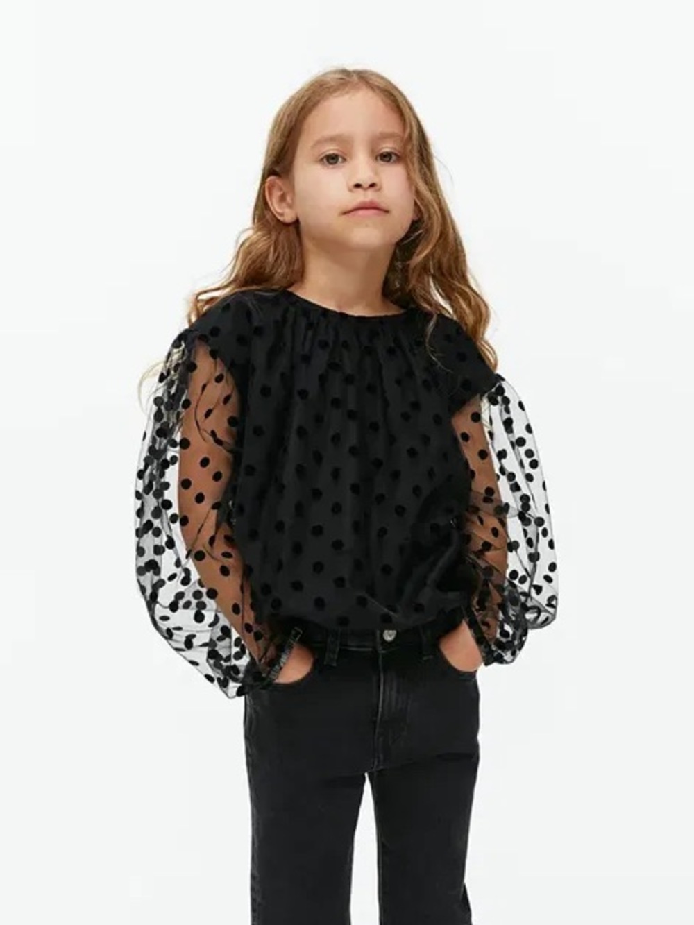 ARKET Girls Black Polka Dot Mesh Blouse Top Size 6-7Y